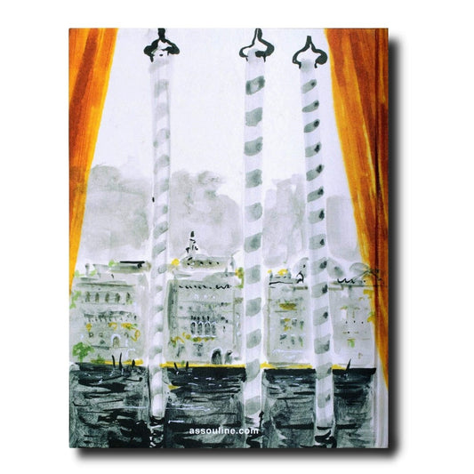 Artistic scene of buildings and striped poles by water.