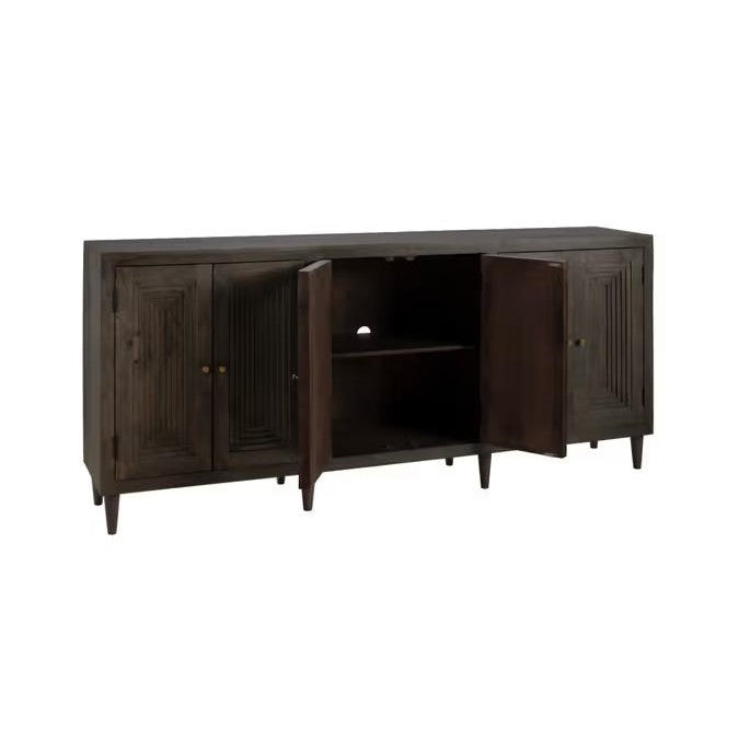 Dark wooden sideboard with four doors, two open, revealing interior shelves.