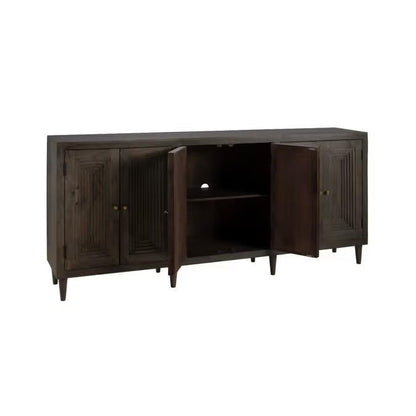 Dark wooden sideboard with four doors, two open, revealing interior shelves.