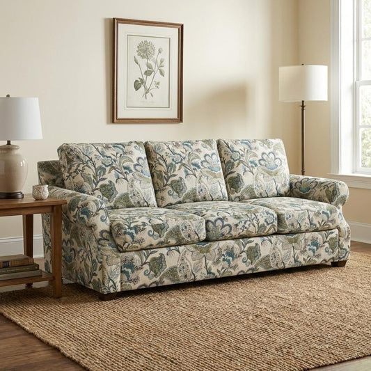 Floral sofa in cozy living room with lamp, artwork, and window.