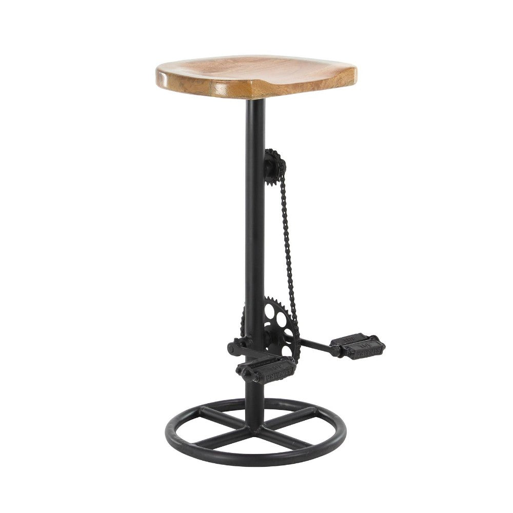 Barstool with a wooden seat and bicycle pedal base design.