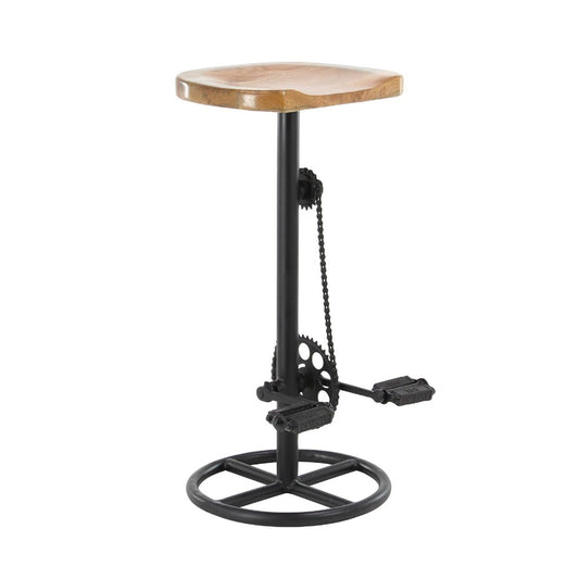 Barstool with a wooden seat and bicycle pedal base design.