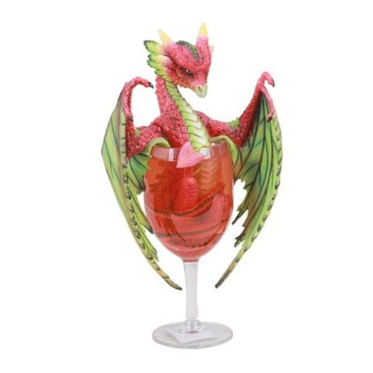 Vibrant dragon figure perched in a red wine glass.