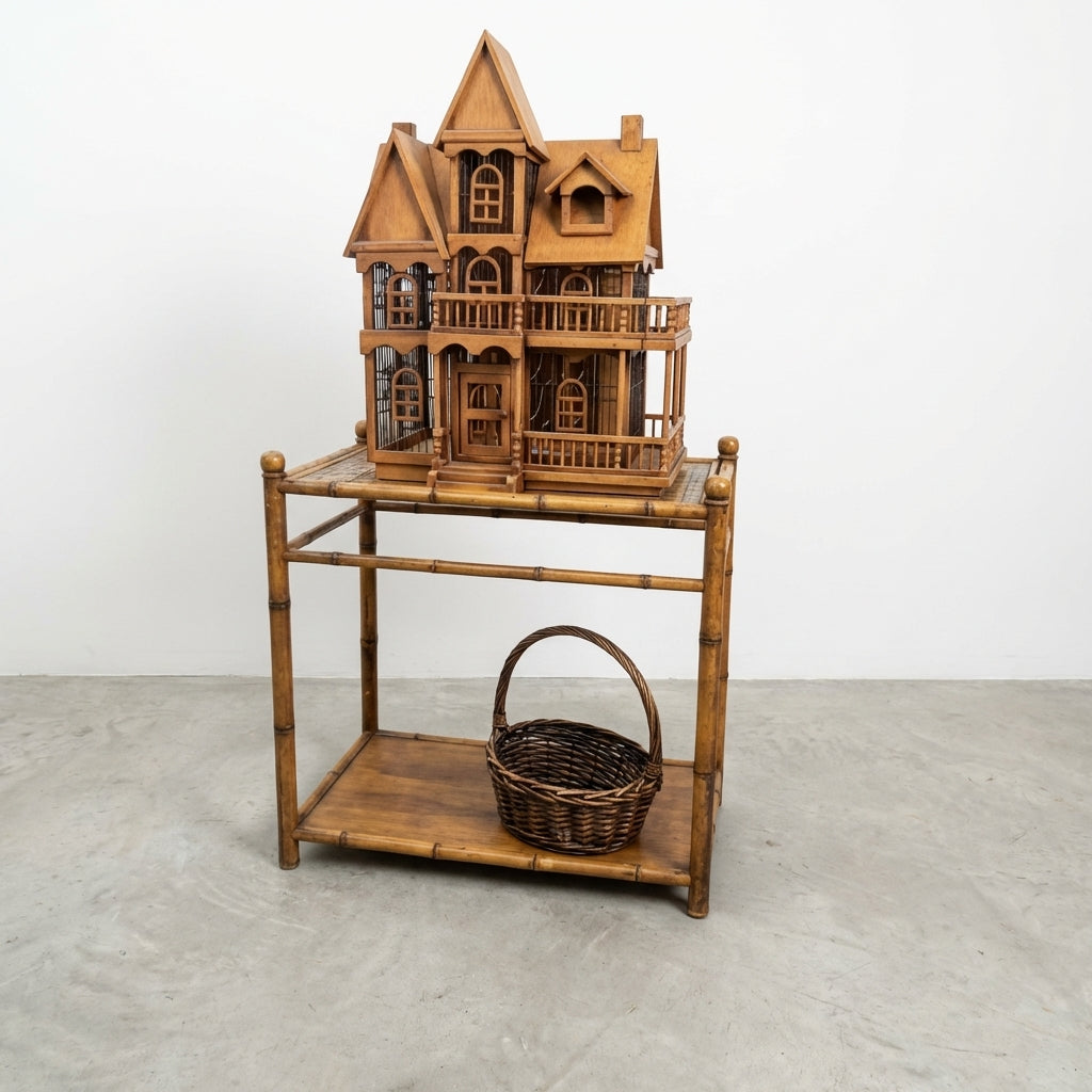 Wooden dollhouse on bamboo shelf, wicker basket below.