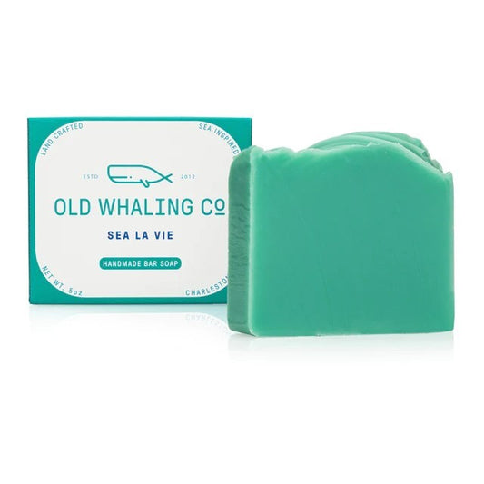 Turquoise handmade soap with matching packaging from Old Whaling Co.