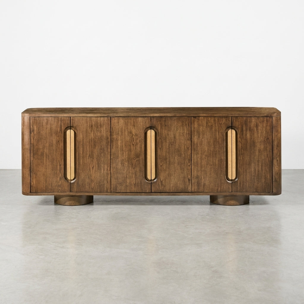 Wooden cabinet with four doors and elongated vertical handles.