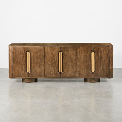 Wooden cabinet with four doors and elongated vertical handles.