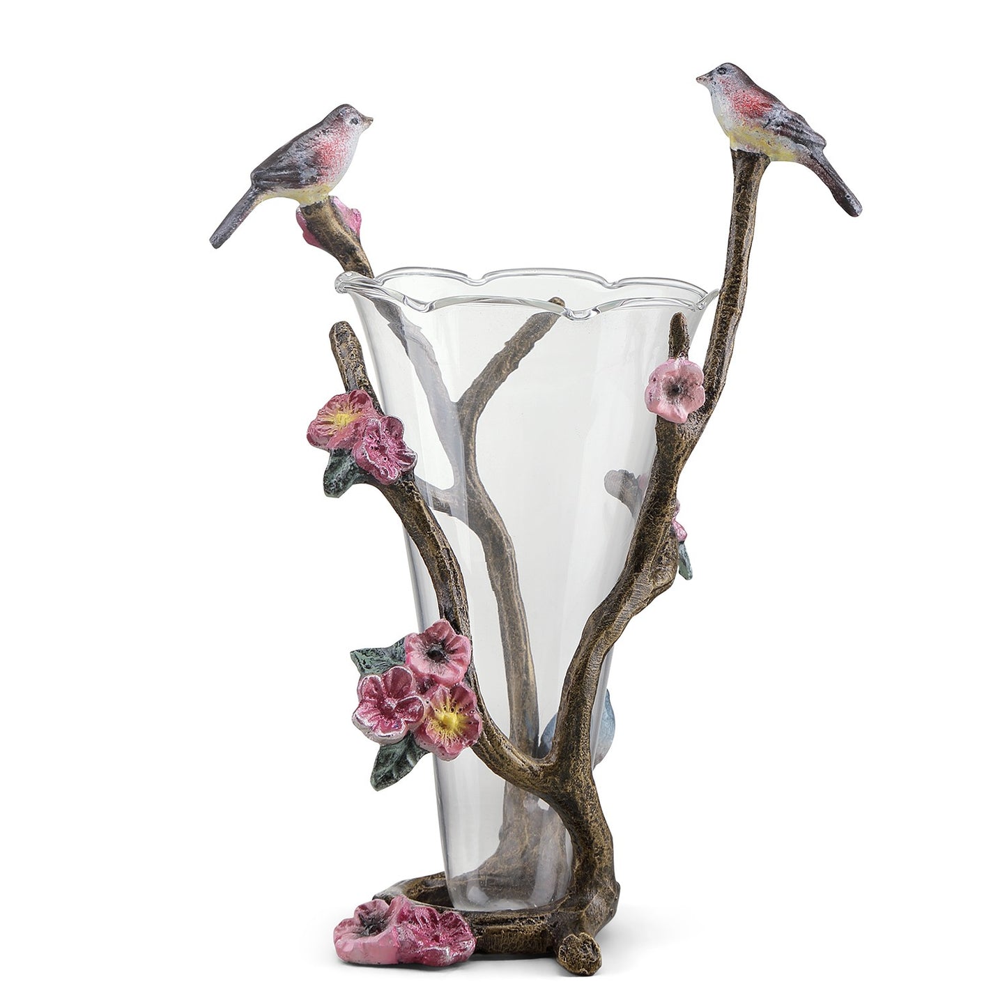 Elegant glass vase with bird and flower accents.