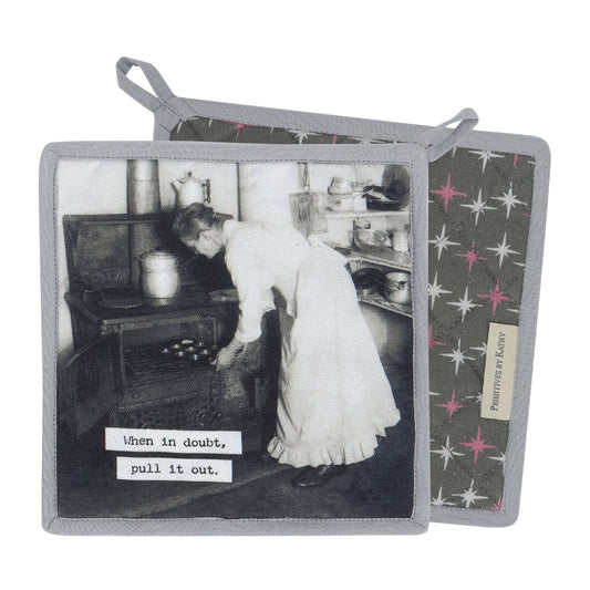 Vintage-style potholders with a baking scene and humor quote.