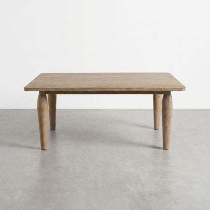 Rectangular wooden table with rounded legs.