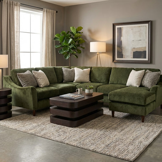 Cozy living room with green sofa, art, and indoor plant.