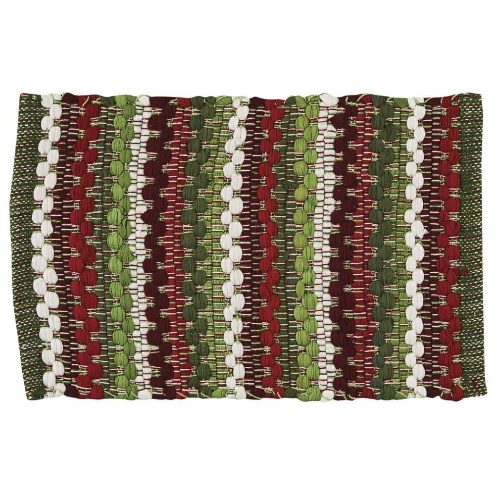 Colorful woven mat with red, green, and white stripes.
