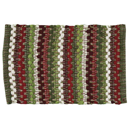 Colorful woven mat with red, green, and white stripes.