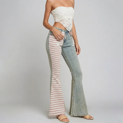 Striped pants with denim and a lace bandeau top.