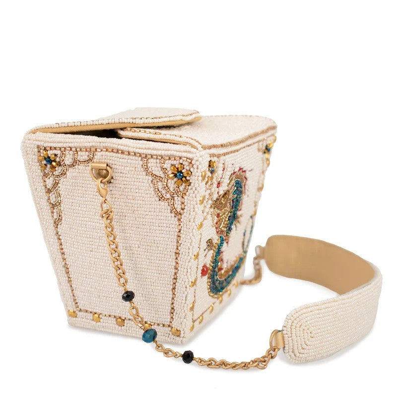 Beaded handbag shaped like a takeout box with chain strap.