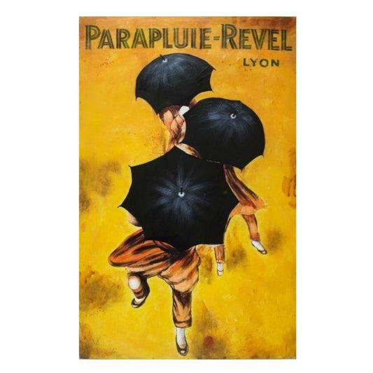 Three figures with black umbrellas on a yellow background, "Parapluie-Revel Lyon."