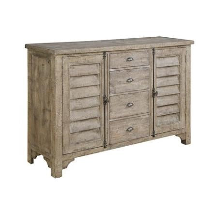 Rustic wooden sideboard with three drawers and two shutter-style doors.