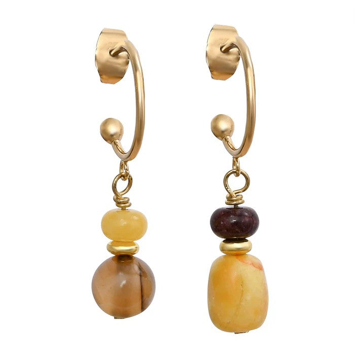 Gold hoop earrings with multicolored bead pendants.
