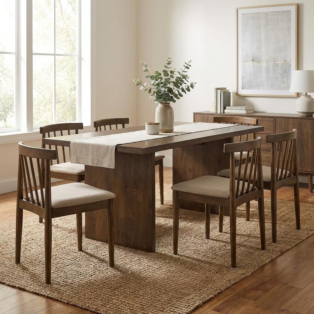 Modern dining room with a wooden table, six chairs, and decorative plants.
