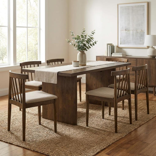 Modern dining room with a wooden table, six chairs, and decorative plants.