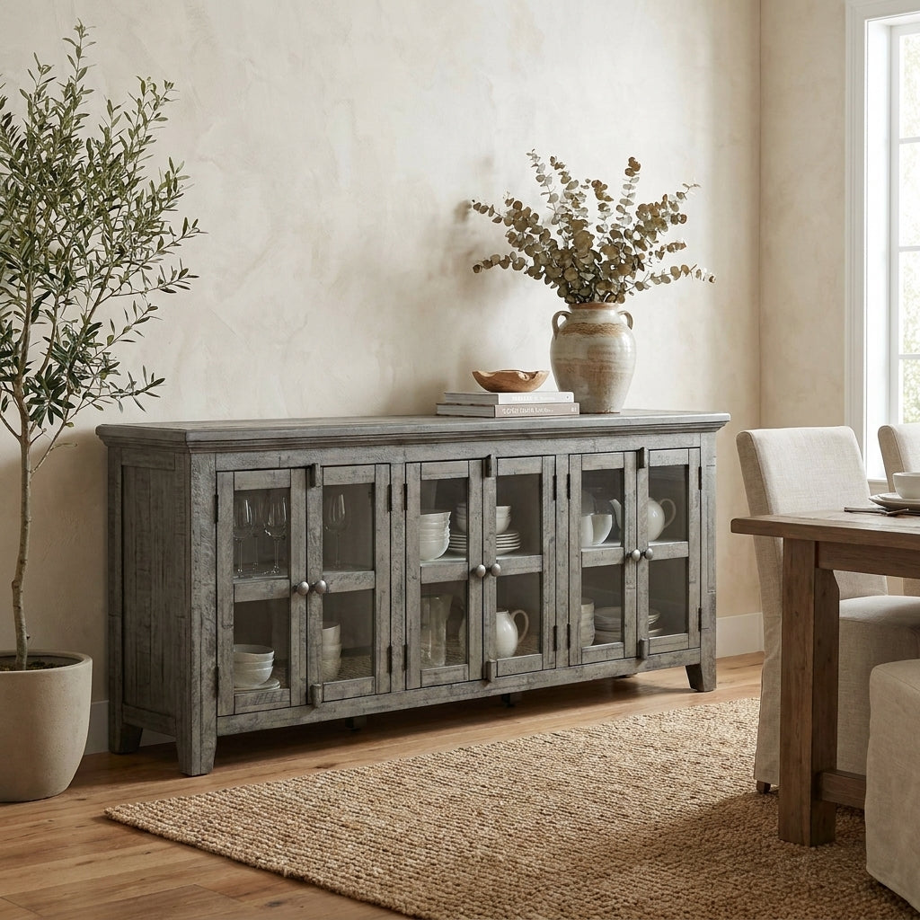 Gray wooden cabinet with glass-paneled doors and round knobs.