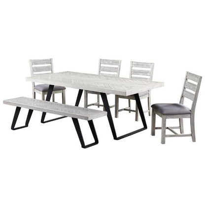 Modern dining set with grey table, chairs, and bench with black metal legs.