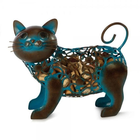 Metal cat-shaped cork holder with intricate cutout design.