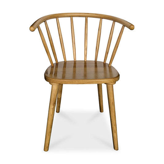 Wooden chair with curved backrest and vertical slats.