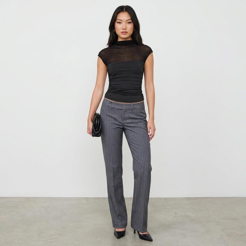Woman in black top and pinstripe pants holds a clutch, standing confidently.