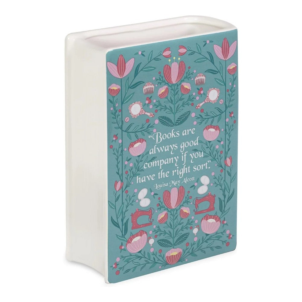 Book-shaped vase with floral design and Louisa May Alcott quote.