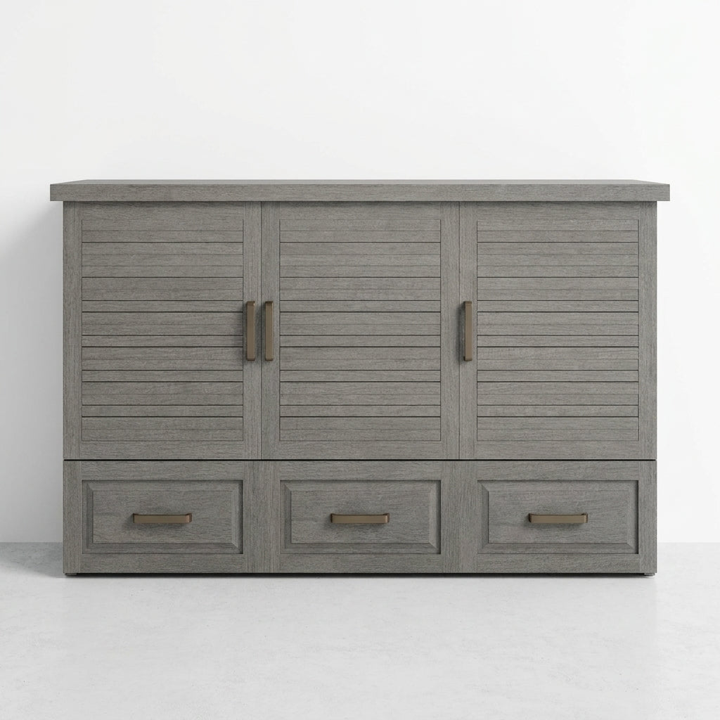 Gray wooden cabinet with three doors and drawers, bronze handles, modern design.