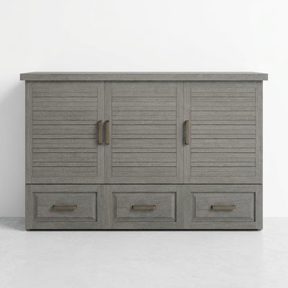 Gray wooden cabinet with three doors and drawers, bronze handles, modern design.