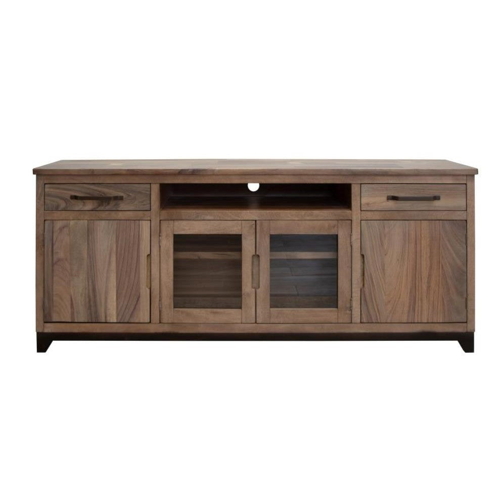 Wooden TV stand with drawers and glass panel doors.