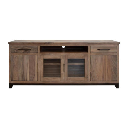 Wooden TV stand with drawers and glass panel doors.