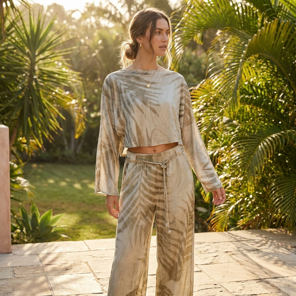 Woman in a patterned outfit, standing in a lush garden under sunlight.