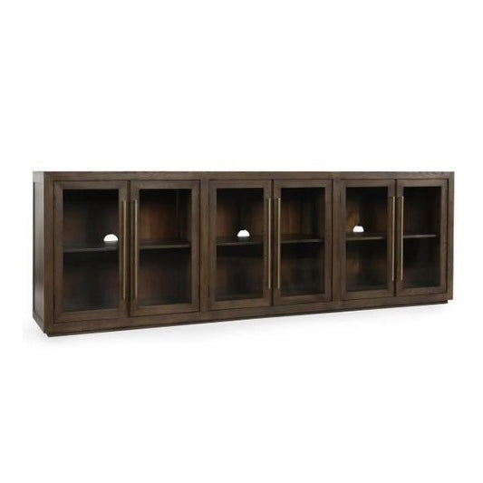Dark wooden cabinet with five glass-paneled doors.