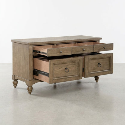 Wooden sideboard with drawers open, showcasing its storage space.