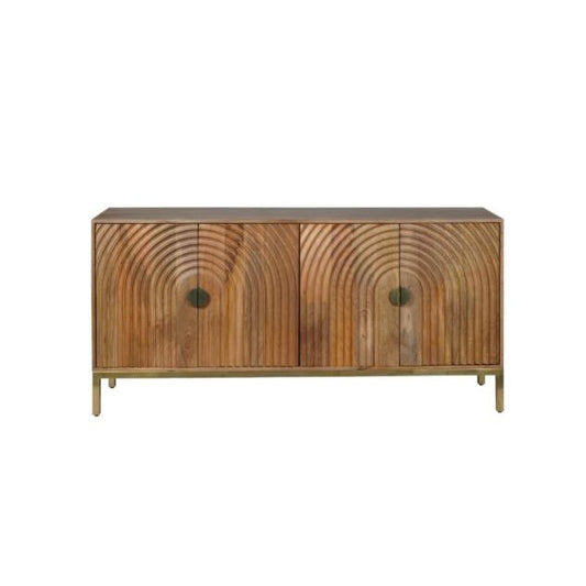 Wooden sideboard with arched pattern design on doors.