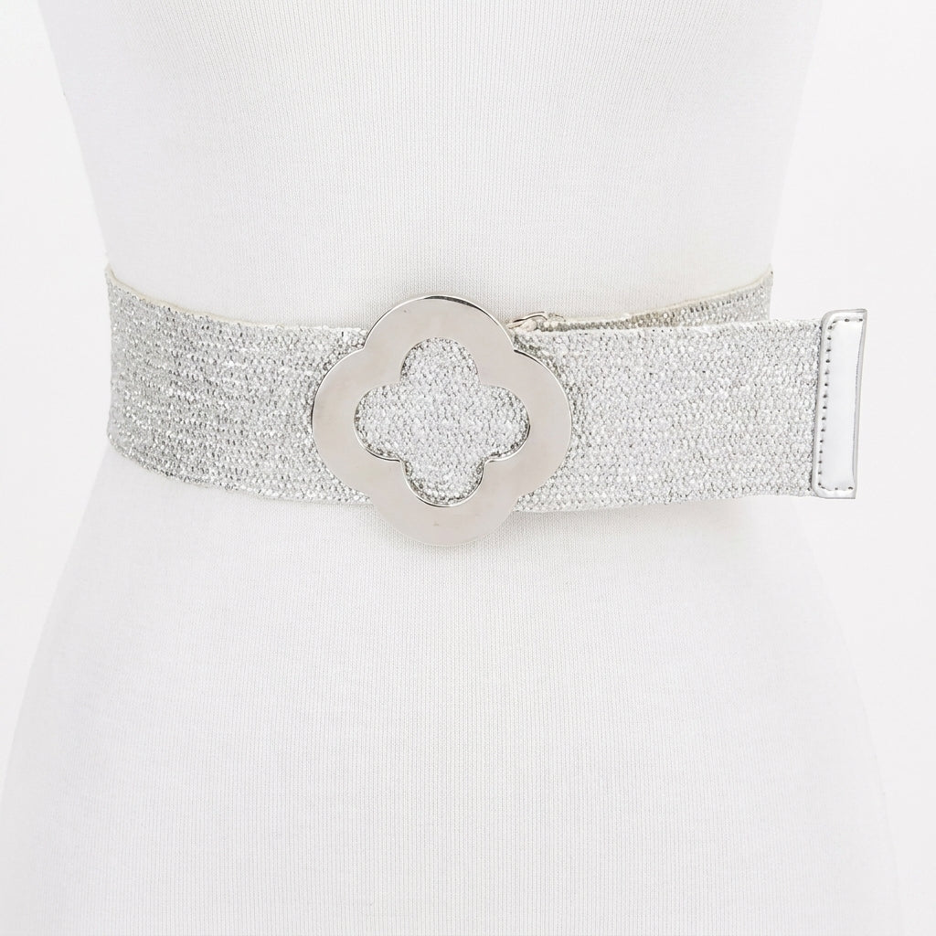 Silver glitter belt with a flower-shaped buckle on a white background.