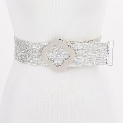 Silver glitter belt with a flower-shaped buckle on a white background.