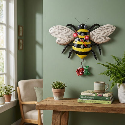 Bee-shaped clock on a green wall, rustic decor with plants and books.