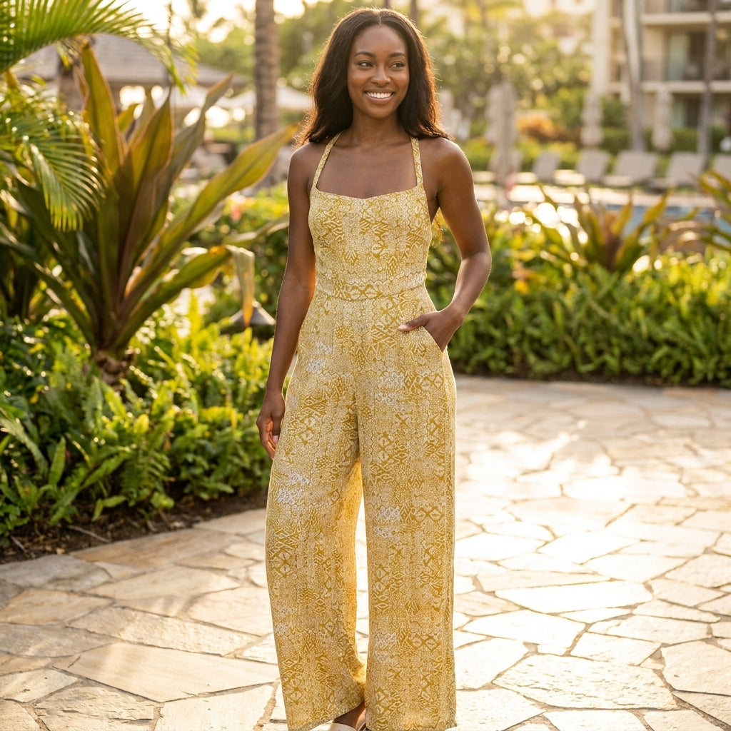 Woman in a yellow jumpsuit stands outdoors, smiling.