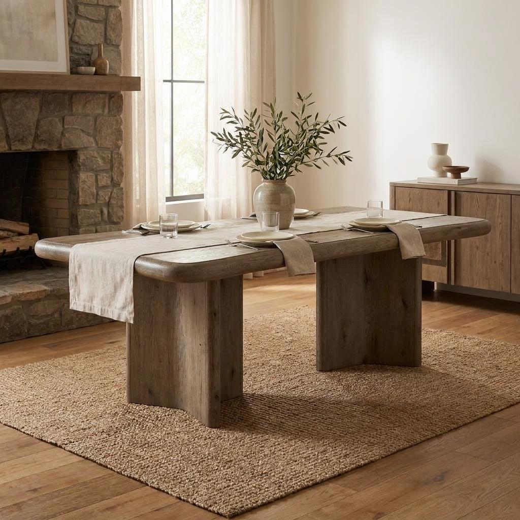 Rustic dining room with a wooden table and vase centerpiece.