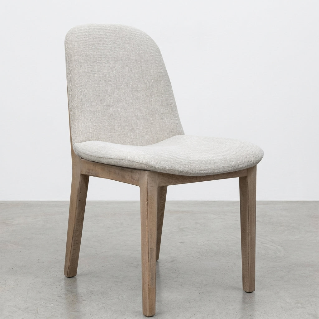 Wooden chair with a light gray cushioned seat and backrest.