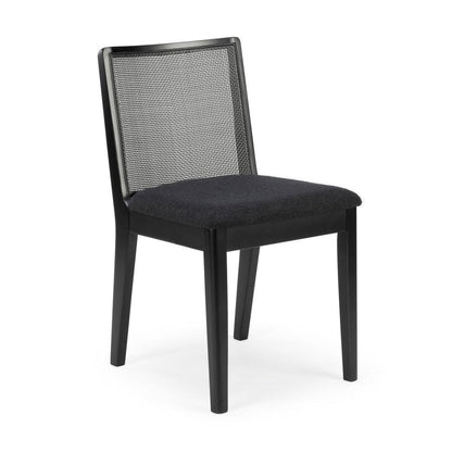 Black chair with cushioned seat and a mesh backrest.