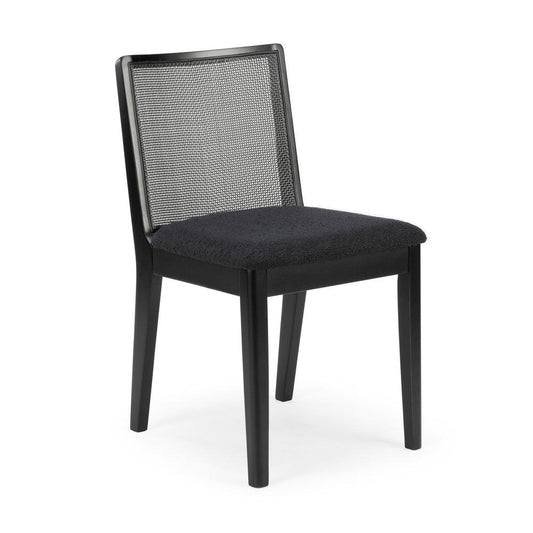 Black chair with cushioned seat and a mesh backrest.