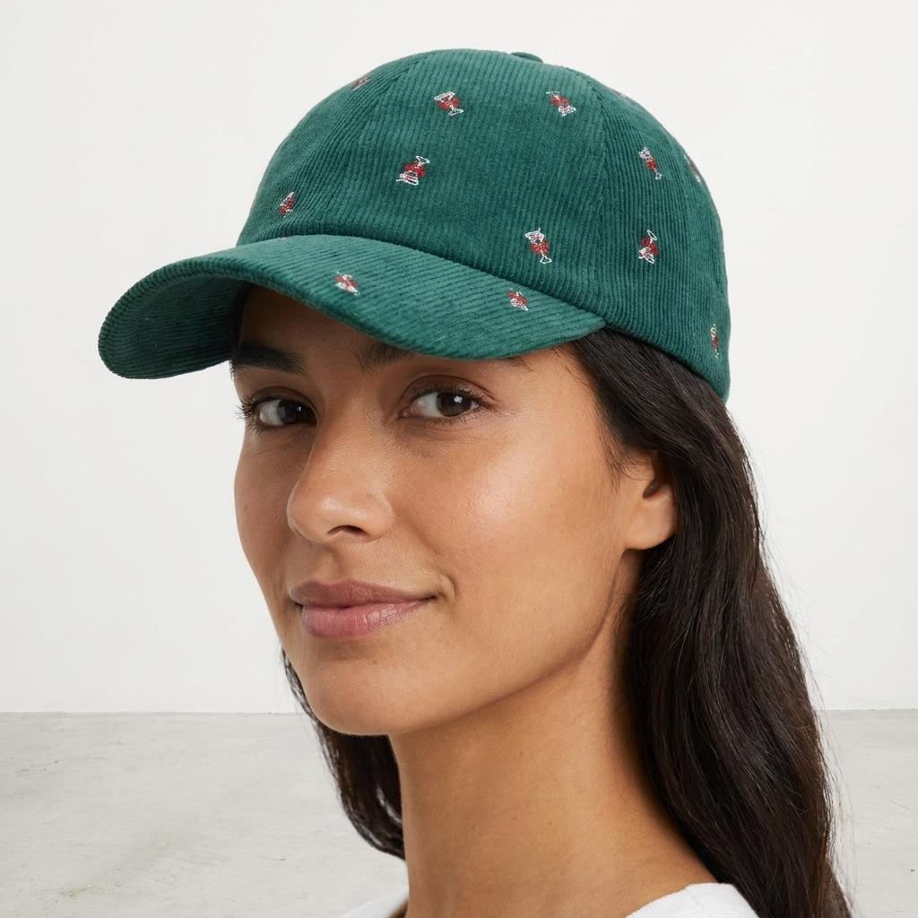 A woman models a teal corduroy baseball cap with small embroidered designs.