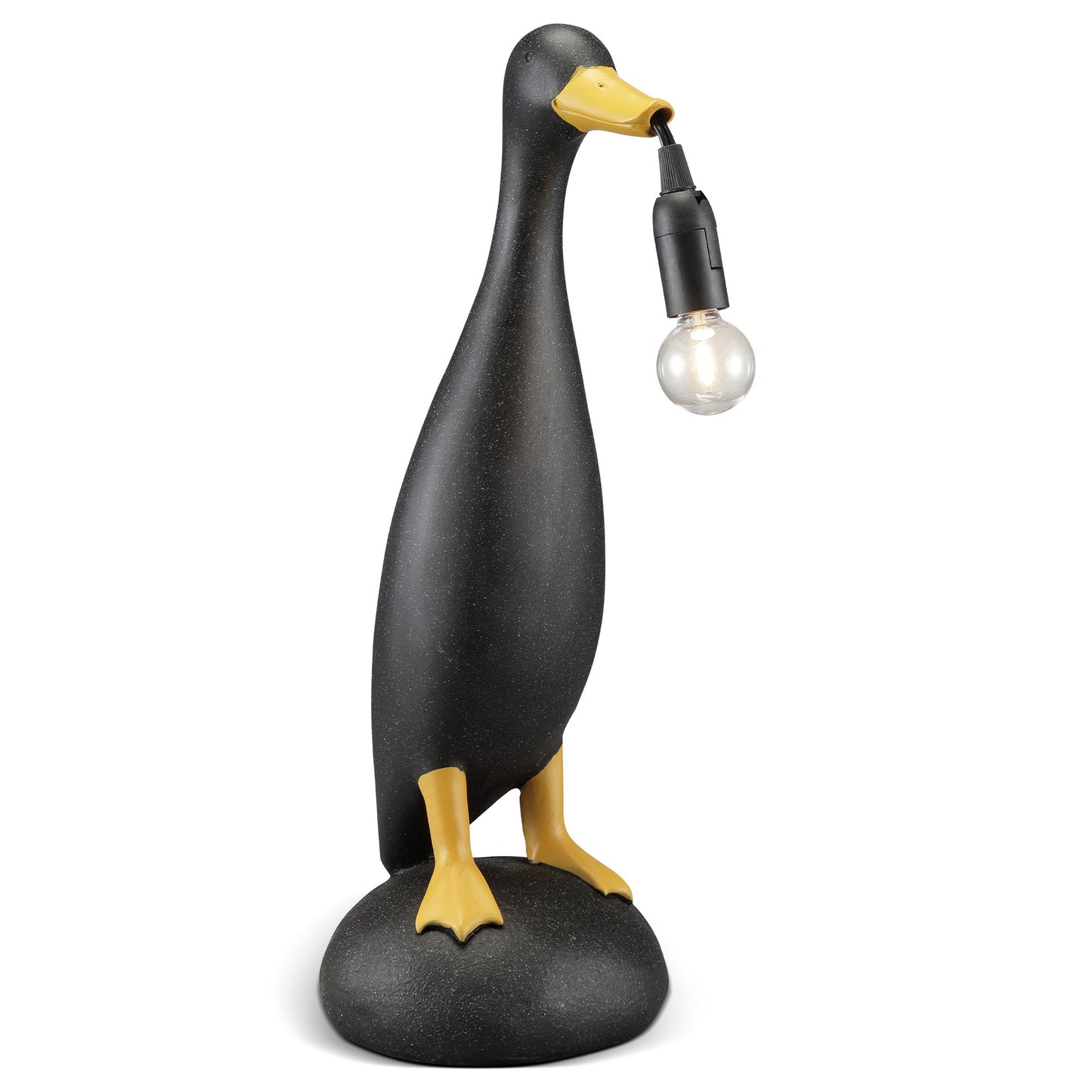 Duck-shaped lamp holding a bulb in its beak.