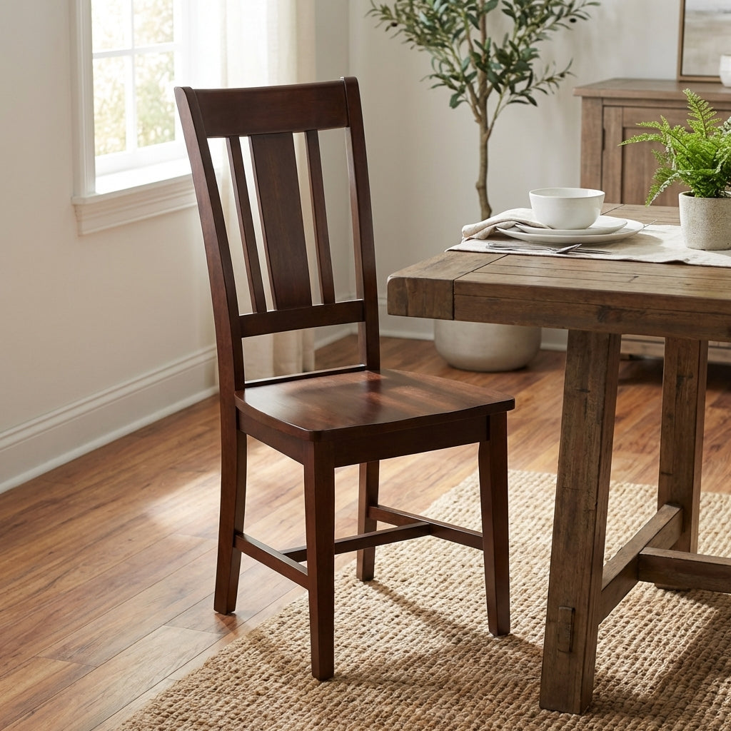 Wooden chair with slatted backrest design.