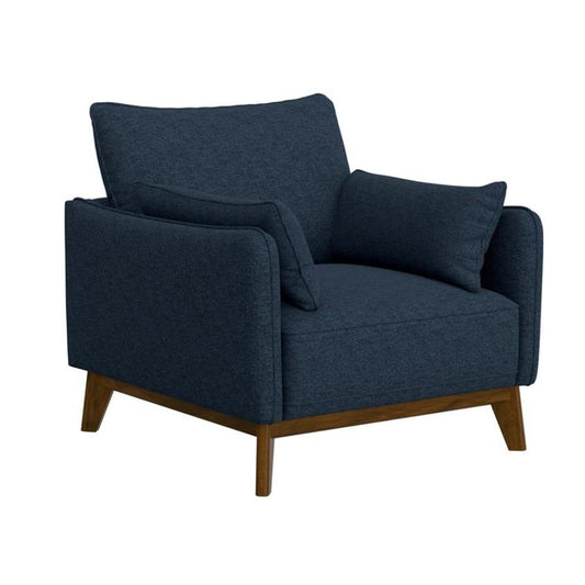 Dark blue armchair with wooden legs and matching cushions.